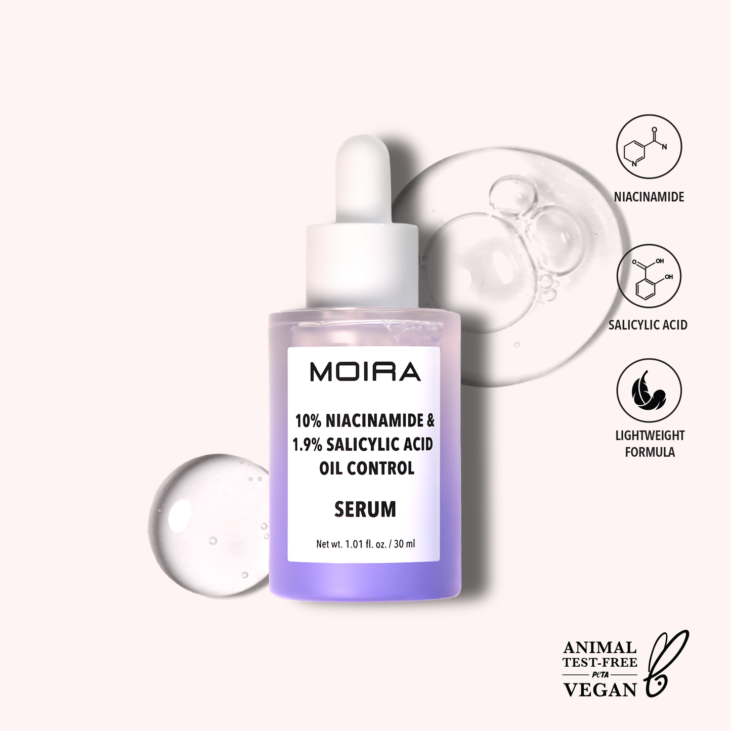 Siero Moira Cosmetics con 10% di niacinamide e 1,9% di acido salicilico per la regolazione del sebo
