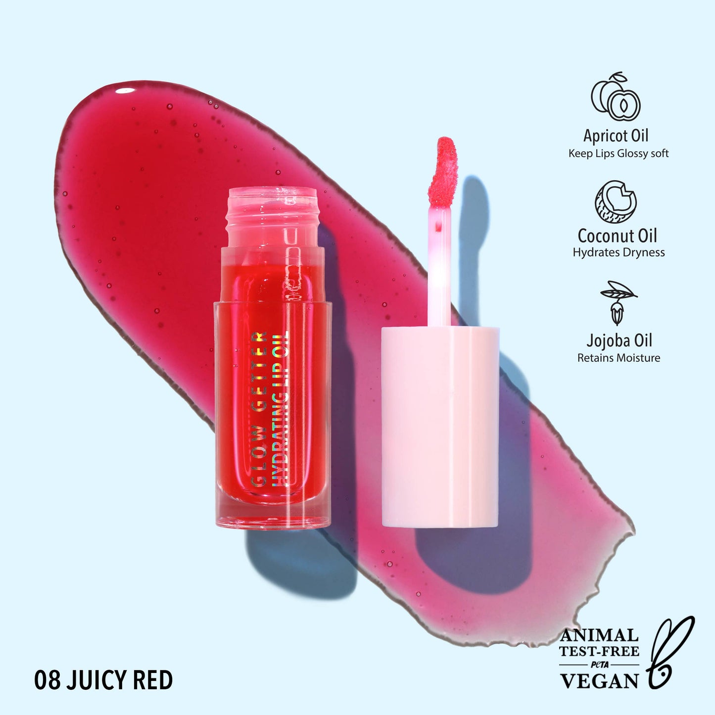 Olio labbra idratante Glow Getter di Moira Cosmetics (008 Juicy Red)